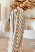 Khaki Stripe Print Wide Leg Drawstring Elastic Waistband Pants