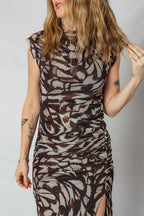 Brown Abstract Print Mesh Cowl Neck Cap Sleeve Ruched Midi Dress with Slit