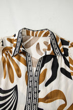 Brown Tropical Printed Contrast Trim Neck Long Sleeve Ruffle Hem Dress