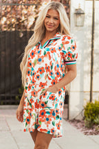 Orange Contrast Trim Floral Split Neck Puff Short Sleeve Tiered Mini Dress