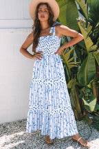 Sky Blue Floral Smocked Tied Straps A-Lined Tiered Maxi Dress