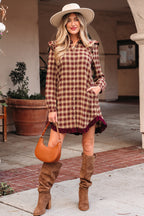 Red Plaid Print Ruffled Long Sleeve Patchwork Hem Mini Shirt Dress