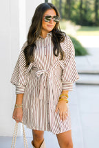 Brown Stripe Knot Waist Puff Sleeve Button Down Mini Shirt Dress