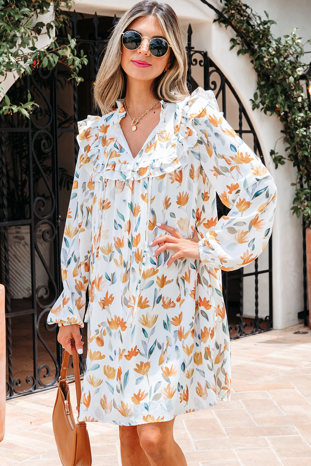 Yellow Floral Print Tie Neck Frilled Detail Long Sleeve Mini Dress
