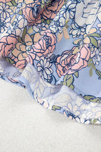 Sky Blue Floral Tiered Patchwork Spaghetti Strap Vacation Dress