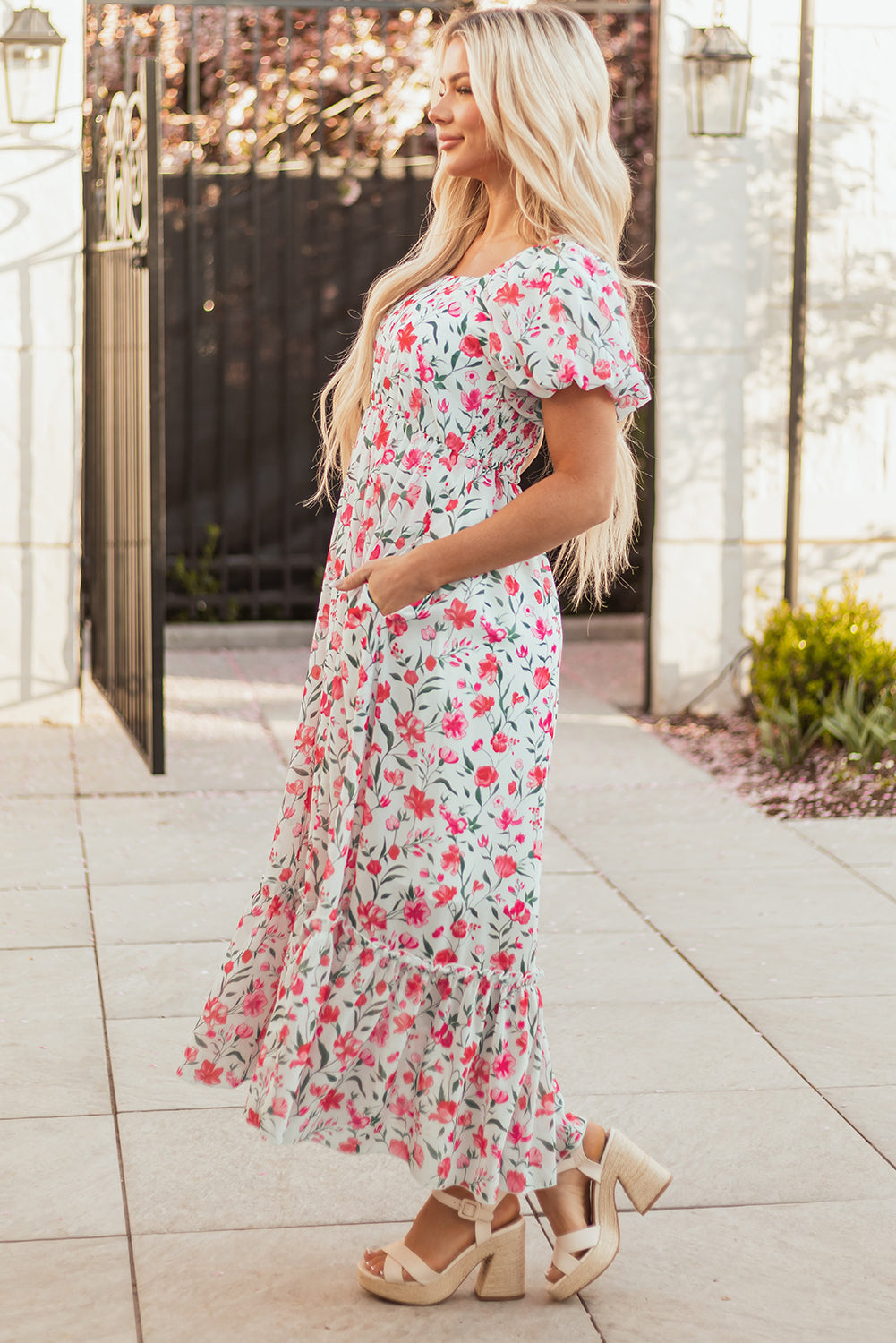 Pink Floral Puff Sleeve Square Neck Empire Waist Tiered Maxi Dress
