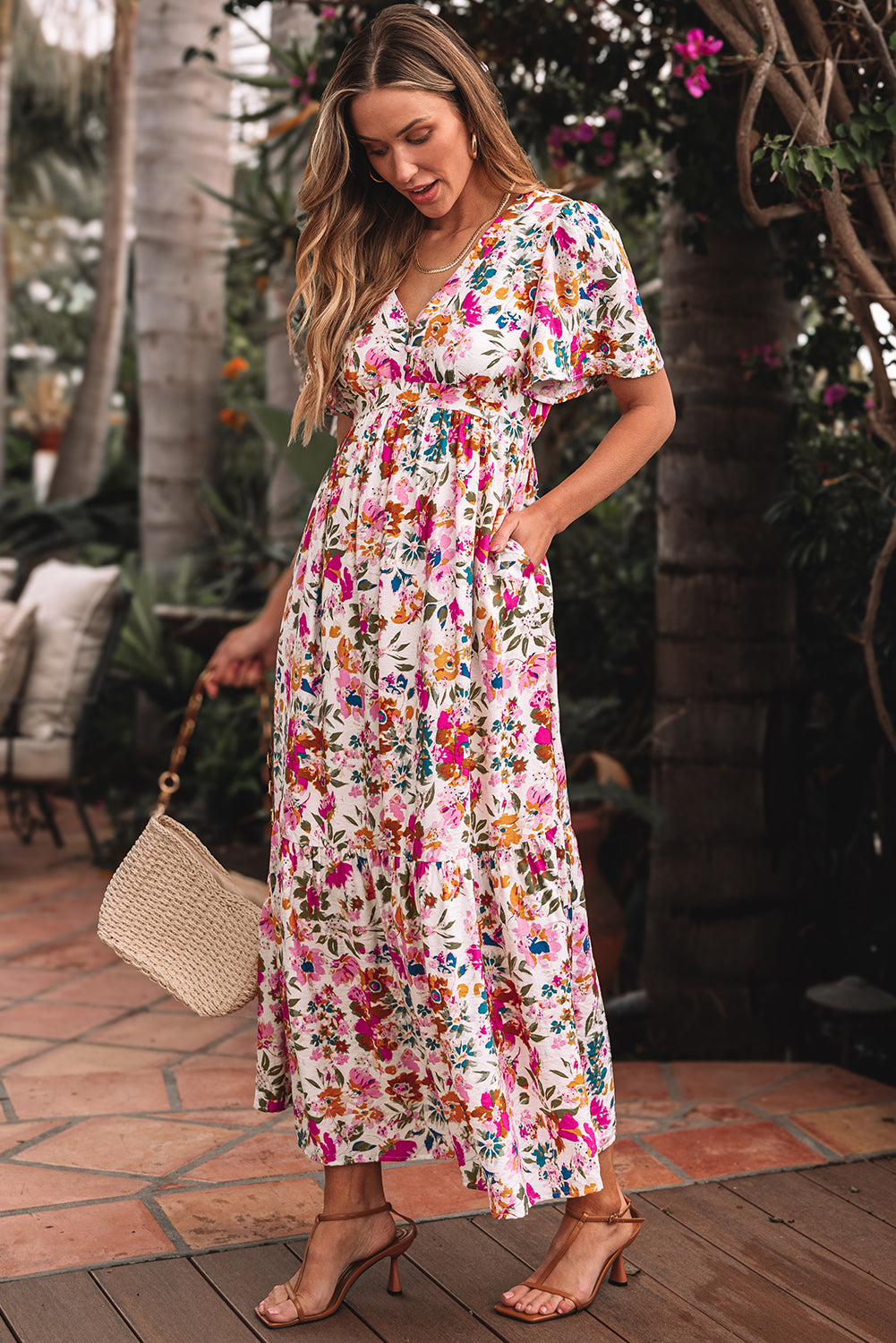 Red Floral Short Sleeve V Neck High Waist Maxi Dress