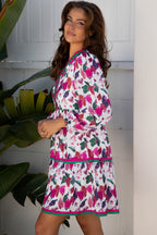 Purple Floral Print Contrast Striped Detail Long Sleeve Mini Dress