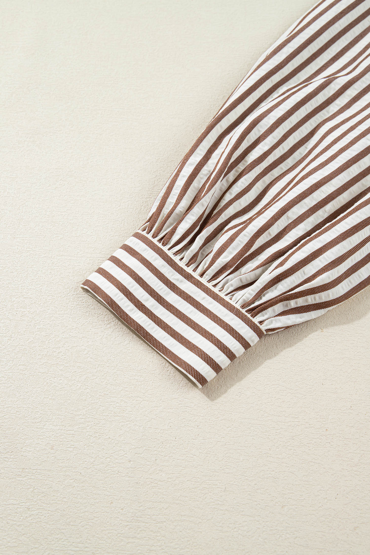 Brown Stripe Knot Waist Puff Sleeve Button Down Mini Shirt Dress