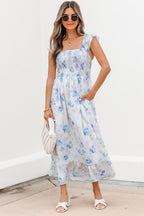 Sky Blue Floral Smocked High Waist Double Ruffle Sleeveless Long Dress