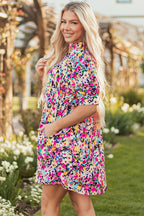 Pink Floral Puff Short Sleeve V Neck Mini Dress