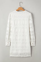 White Lace Crochet Round Neck Puff Sleeve Shift Mini Dress