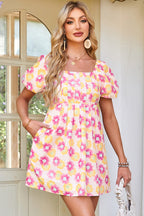 Rose Vibrant Floral Square Neck Puff Sleeve Pleated Flared Midi Dress