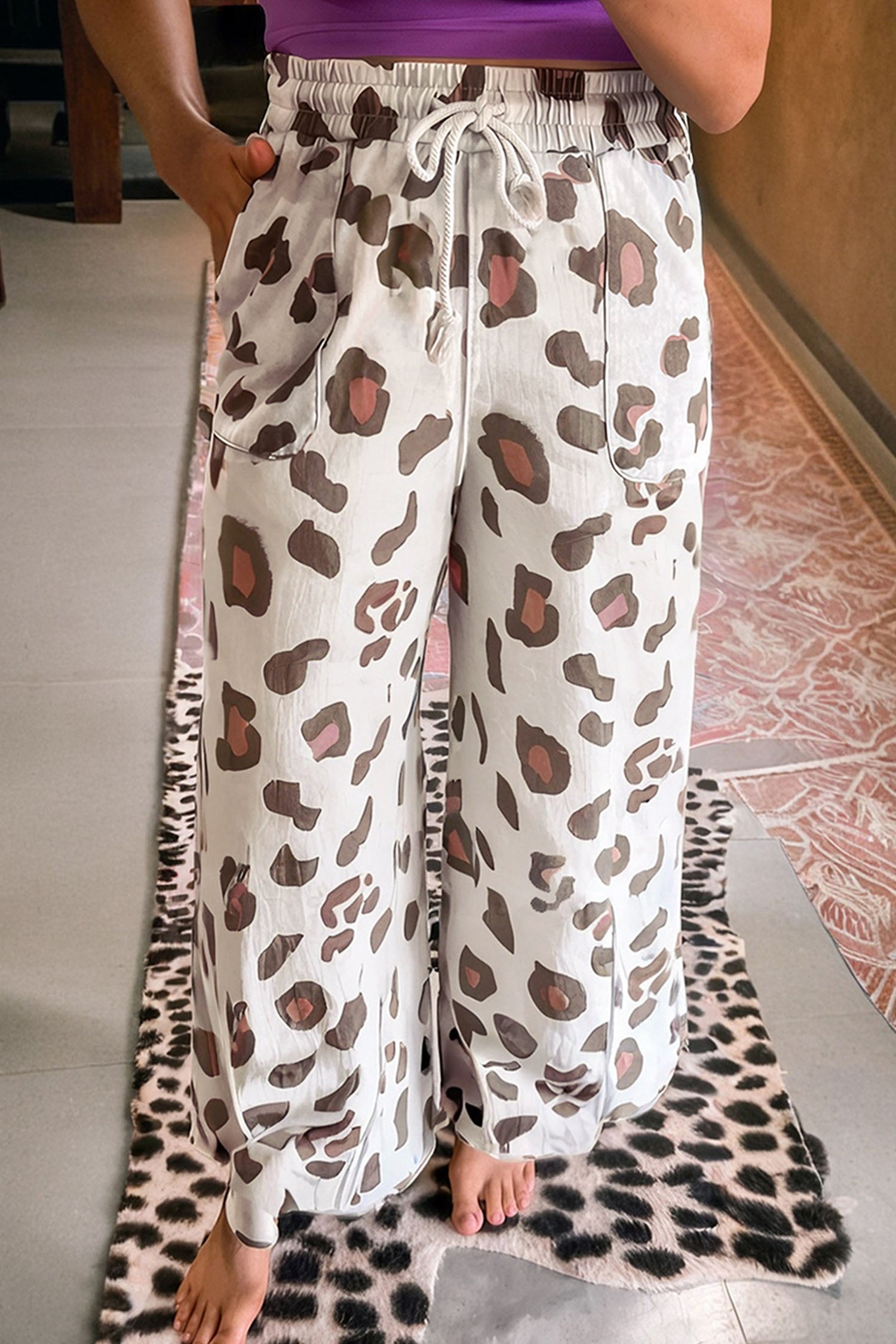 Pink Drawstring Leopard Print Patch Pocket Loose Pants