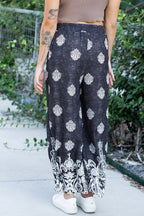 Black Bohemian Printed Drawstring Elastic Waistband Wide Leg Pants