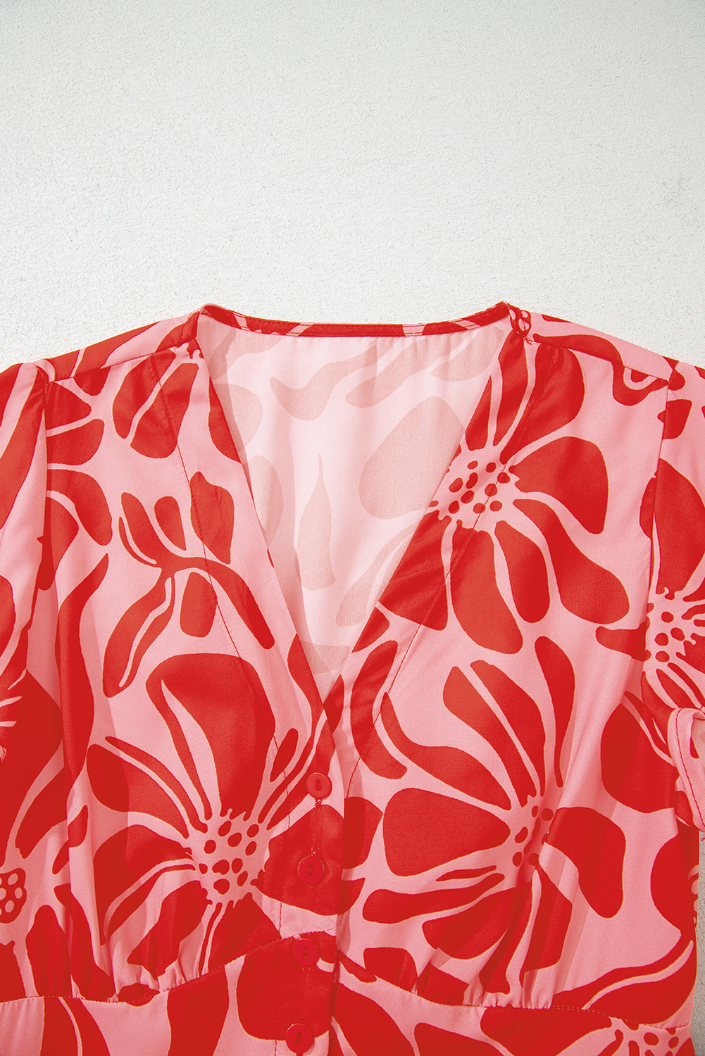 Red Boho Floral Short Sleeve V Neck Buttoned Shirred Waist Long Dress