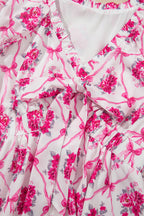 Multicolour Bow Lattice Floral Print V Neck Knot Decor Mini Dress