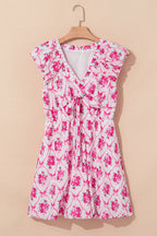 Multicolour Bow Lattice Floral Print V Neck Knot Decor Mini Dress