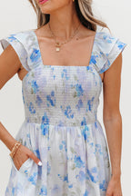 Sky Blue Floral Smocked High Waist Double Ruffle Sleeveless Long Dress