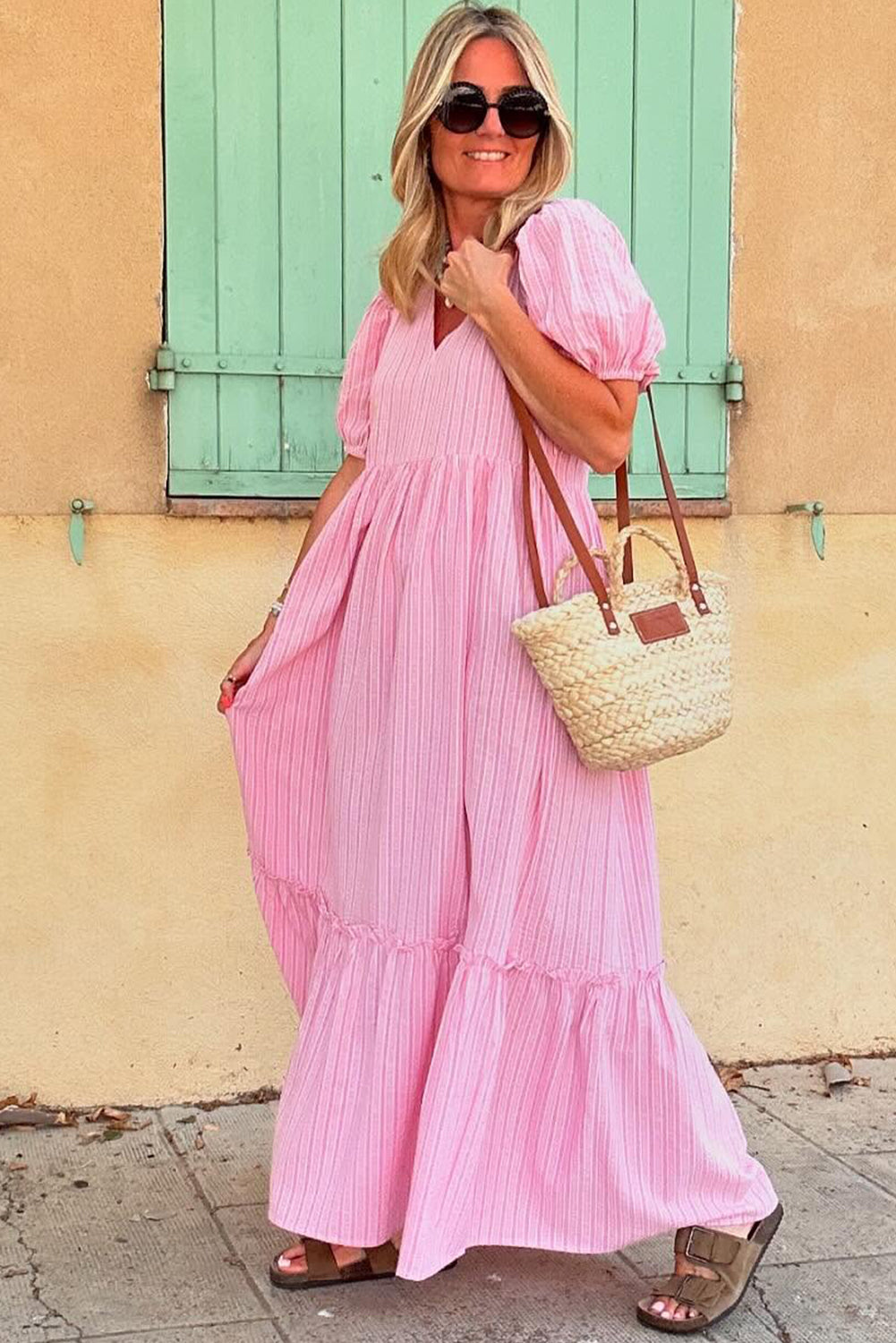 Pink Stripe V Neck Puff Short Sleeve Maxi Dress
