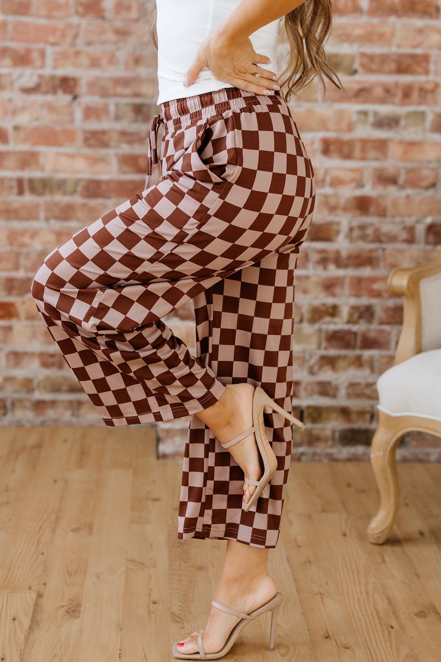 Sky Blue Checkered Elastic High Waist Loose Casual Pants