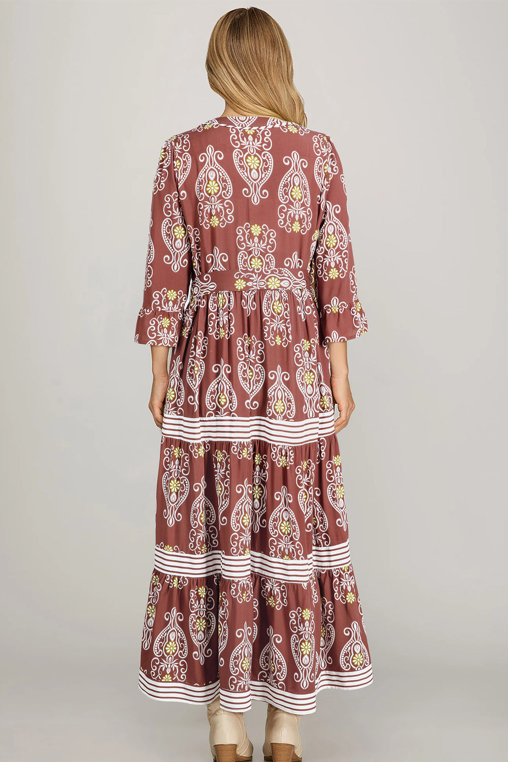 Brown Floral Print Belted Striped Trim Tiered Maxi Dress