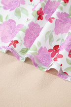 Pink Floral Print Striped Trim Frilled Neck 3/4 Sleeve Flared Mini Dress