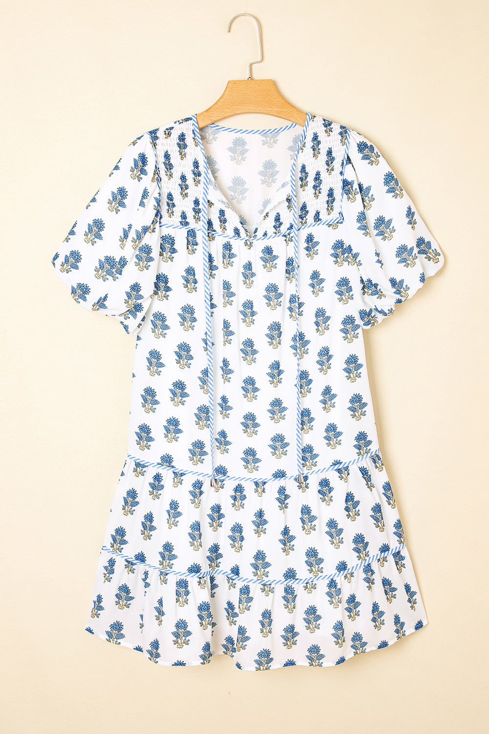 Sky Blue Floral Puff Sleeve Tied Neck Pocketed Mini Dress