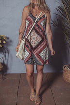 Red Geometric Paisley Print Sleeveless Shift Mini Dress