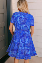 Blue Floral Ruffled Hem V Neck Short Sleeve Flowy Mini Dress