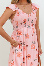 Pink Floral V Neck Smocked High Waist Ruffle Hem Long Dress