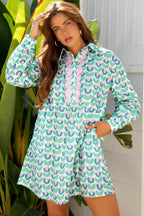 Green Floral Print Notched Neck Scalloped Detail Long Sleeve Mini Dress