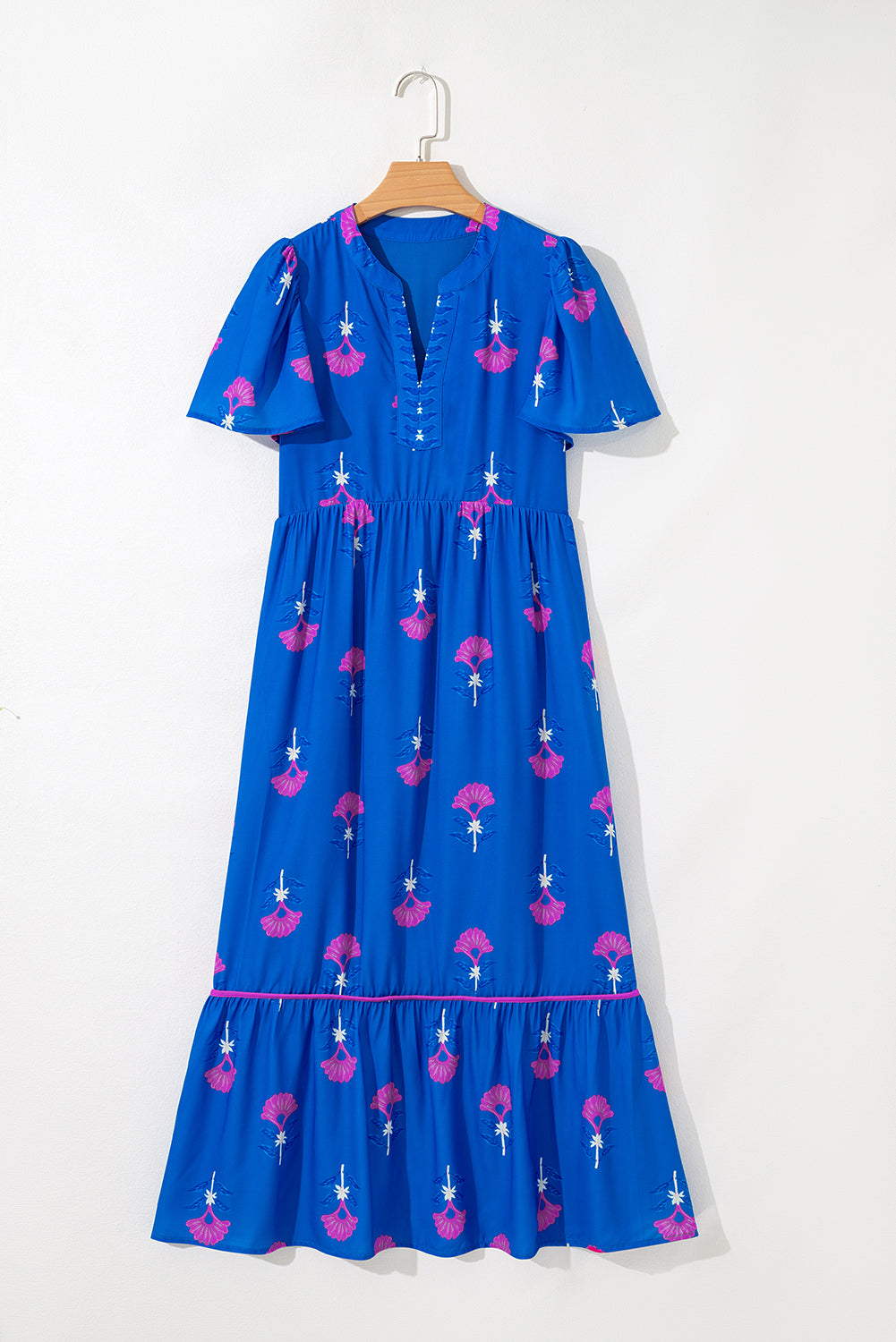 Blue Floral Print Notched Neck Butterfly Sleeve Shift Long Dress