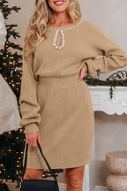 Smoke Gray Pearl Embellished Keyhole Ribbed Sweater Dress
