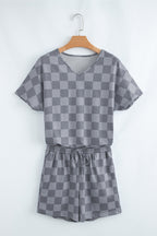 Gray Checkered V Neck Tee Drawstring Shorts Lounge Set