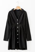 Black Elastic Cinched High Waist Long Sleeve Shirt Mini Dress