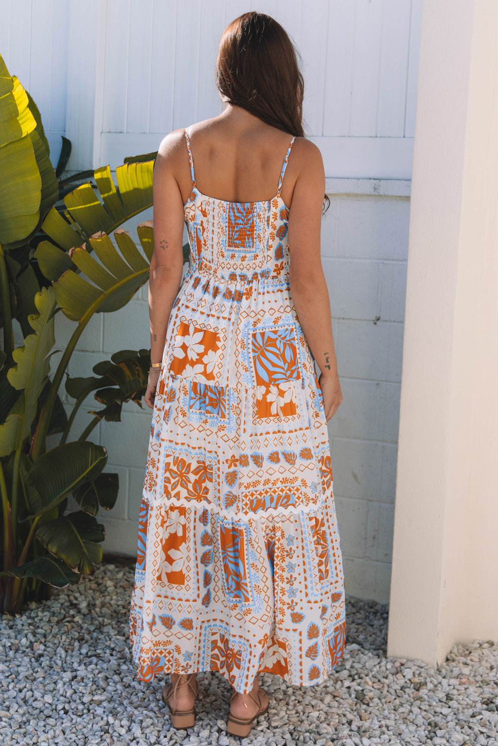 Orange Multi Printed Ricrac Trim Spaghetti Straps Maxi Dress