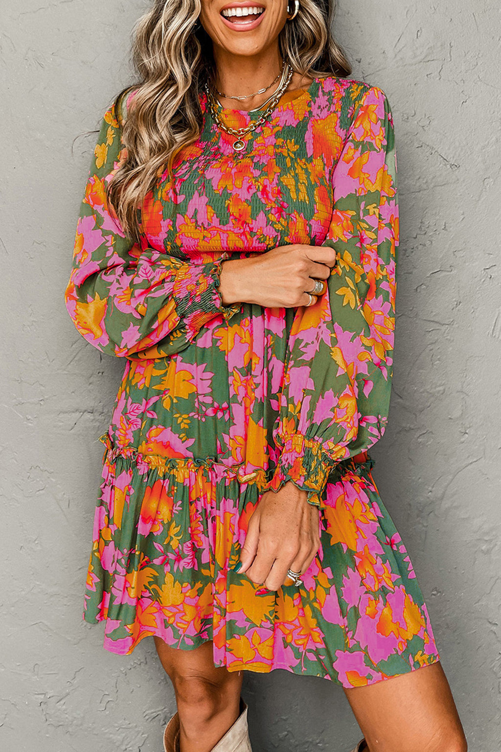 Multicolour Floral Print Long Sleeve Smocked Ruffled Mini Dress