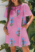 Apricot Floral Short Sleeve Split Neck Loose Mini Dress