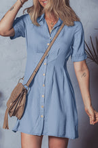 Myosotis Denim Pleated Slim Waist Short Sleeve Shirt Dress