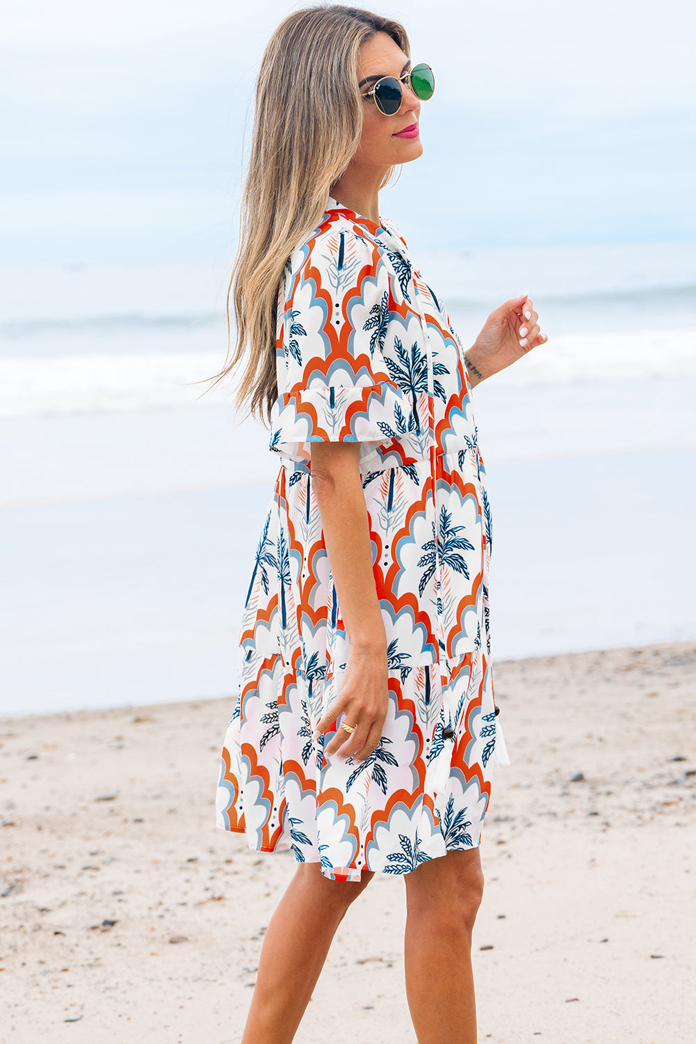 Orange Contrast Palm Tree Printed Short Sleeve Flowy Dress