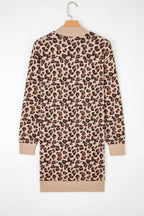 Khaki Leopard Print High Neck Shift Mini Sweater Dress