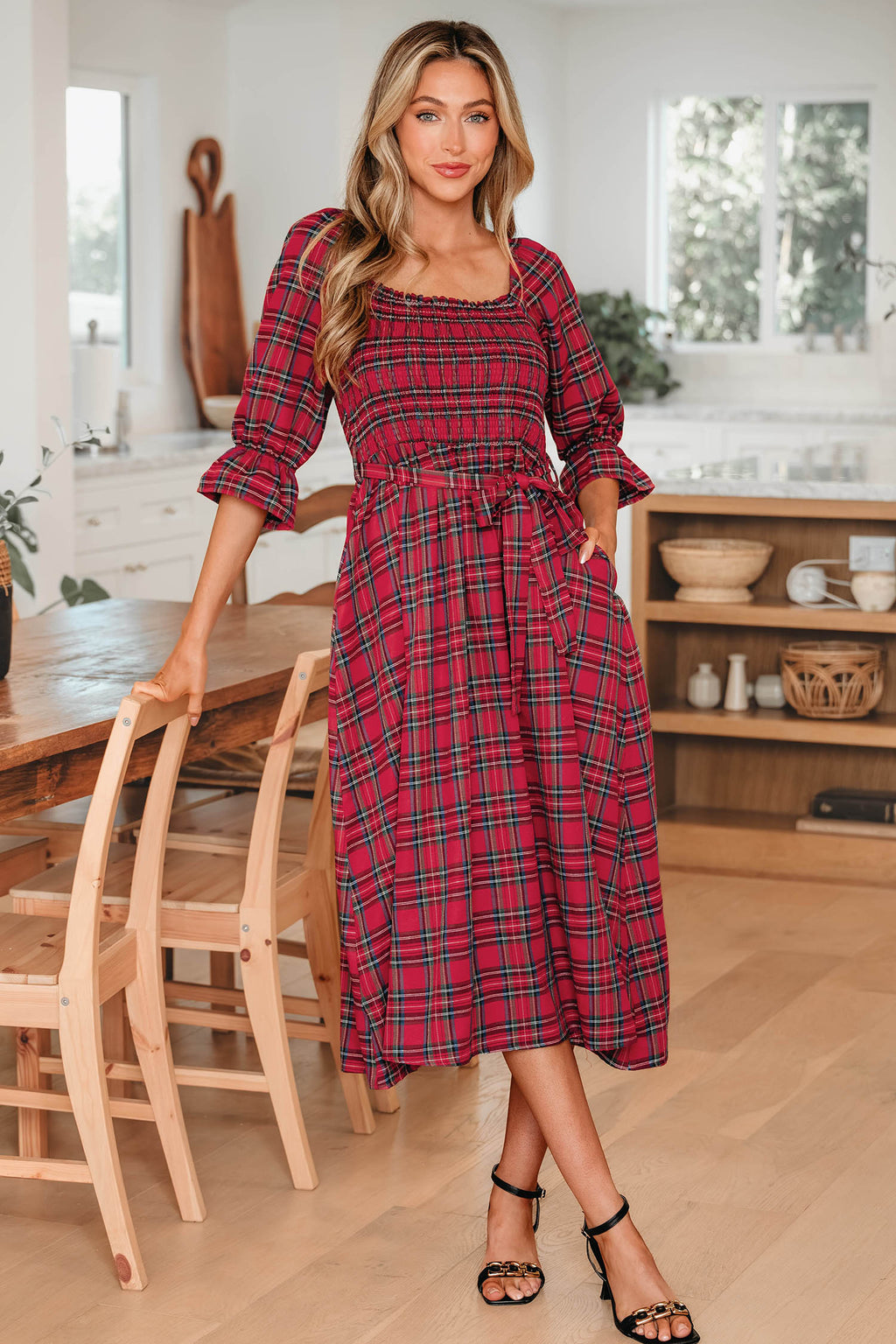 Red Tartan Plaid Square Neck Puff Sleeve Knot Waist Flared Midi Dress