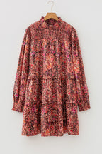 Red Floral Print Long Sleeve Shirred High Neck Loose Mini Dress