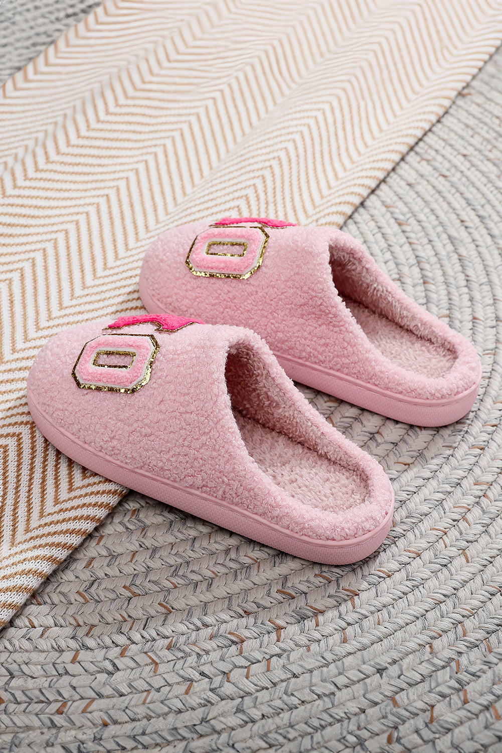 Pink XO XO Glitter Trim Letter Patched Plush House Slippers