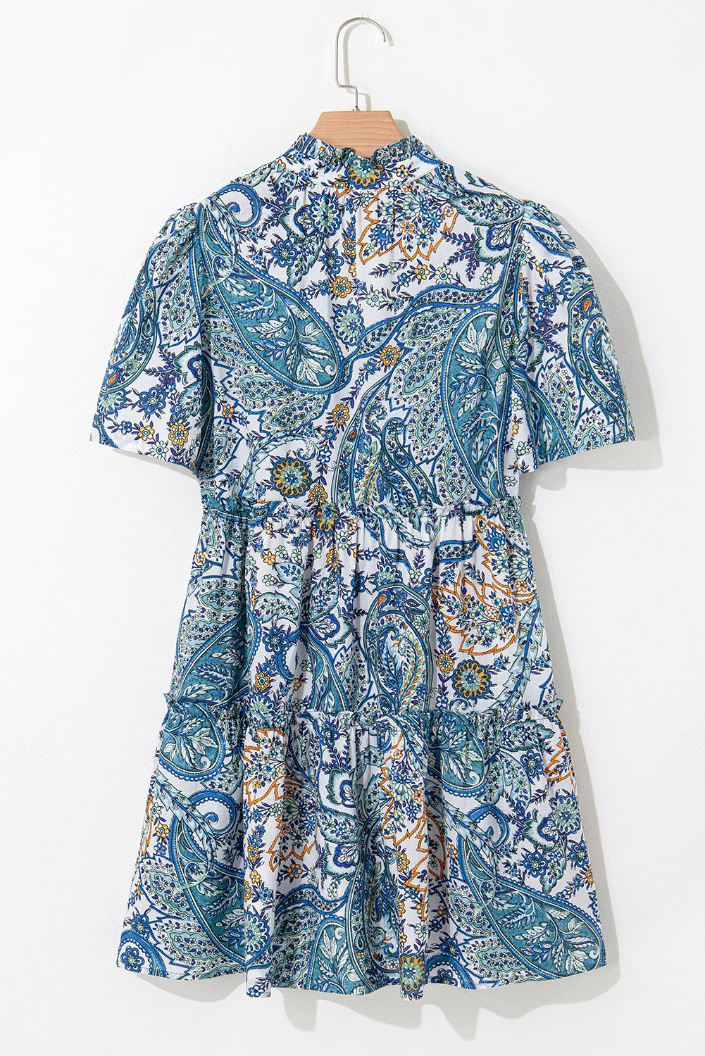Blue Bohemian Paisley Floral V Neck Short Sleeve Mini Dress