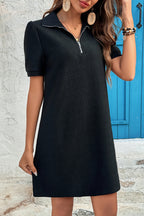 Black Textured Zipped Collar Shift Polo T Shirt Dress