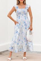 Sky Blue Floral Smocked High Waist Double Ruffle Sleeveless Long Dress
