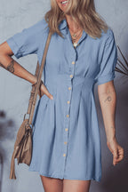 Myosotis Denim Pleated Slim Waist Short Sleeve Shirt Dress