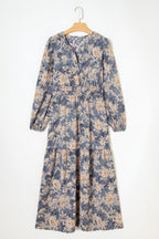 Sky Blue Floral Print Smocked High Waist Long Sleeve Maxi Dress